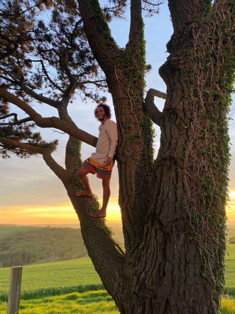 Kevin Loane conquers the tree at The Secular Retreat, near Totnes, Devon